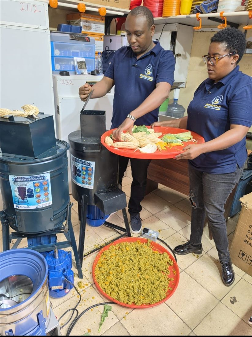 Two Autohatch staff in navy company shirts making feed with the Poultry Feed Maker drums