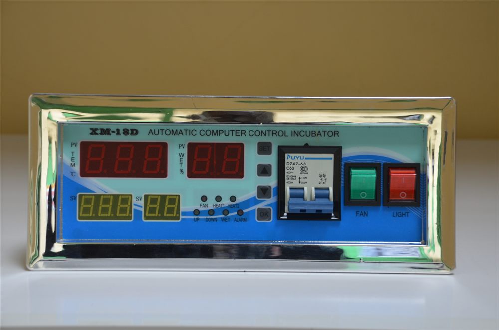 XM-18D automatic computer control incubator controller in a chrome frame with display, buttons, breaker and fan and light switches