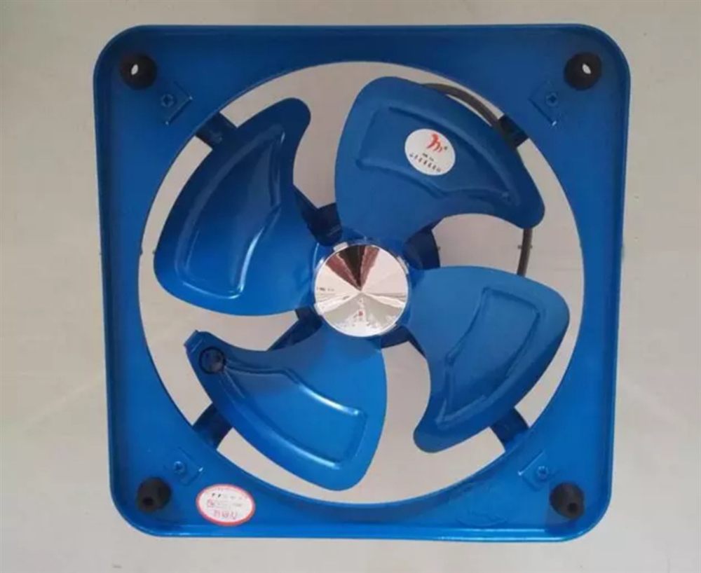Blue square-framed fan with three curved blades